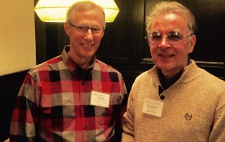  Crain's Chicago Business editorial cartoonist Roger Schillerstrom and Richard Pietrzyk discuss cartooning issues at Cartoonists Anonymous in January 2017.